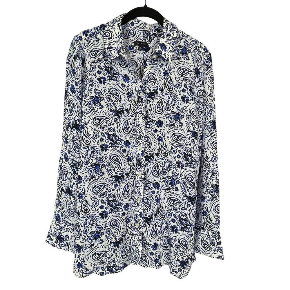 Talbots Women's Sz M Shirt Button Up Paisley White Blue Black Button Long Sleeve